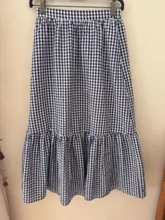 ニコアンド ギンガムチェック フレアスカート ネイビー