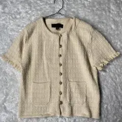 ZARA ザラ 金ボタン ツイード風 ニットカーディガン 半袖 フリルMのサムネイル