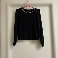 パール装飾リボン付き長袖ニット ブラック