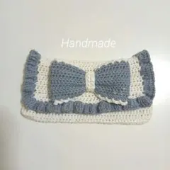 ハンドメイド　編み物　フリルペンケース ブルー×ホワイト　リボン⑫
