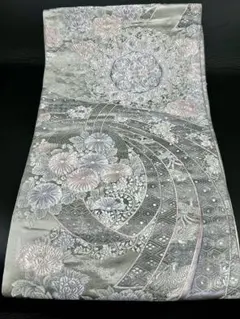 プラチナ　シルバー系 銀糸　六通柄袋帯 花柄　正倉院文様　菊牡丹