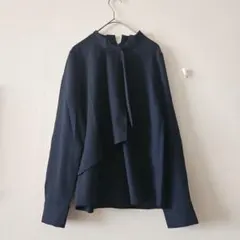 【オフィスカジュアル/ビジネスに】ネイビー ボウタイブラウス 長袖シャツ