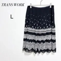 シフォンプリーツスカート 花柄レース 総柄L 裏地付き 上品 トランスワーク