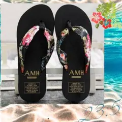 花柄 ヒール ブラック　ビーサン　黒 Mサイズ 浴衣 着物 お祭り プール 海