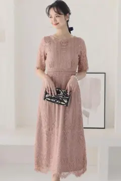 ［最終お値下げ］オケージョン　お呼ばれ　ピンク レースドレス 半袖 ミディ丈