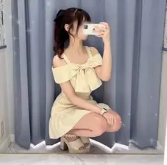 evelyn リボンツイードオフショルセット イエロー