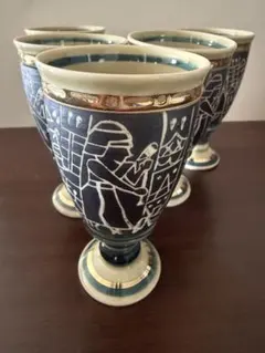 有田焼　清秀窯　エジプト風デザイン 脚付きカップ 5個セット