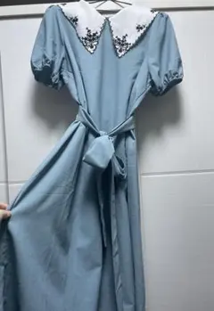 水色 襟付き パフスリーブ ワンピース　ビッグカラー　フレンチガーリー　森ガール