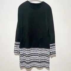大人可愛い✨幾何学模様 切り替え チュニック ワンピース 黒 M ストレッチ