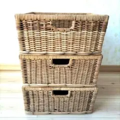 昭和レトロ籐かご ３個セットラタンバスケット ランドリーバスケット ヴィンテージ