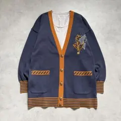 【美品】00s 古着　カーディガン 長袖　ネイビー オレンジ　男女兼用　金ボタンのサムネイル