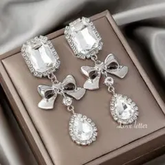 No.340A キラキラビックビジューリボンロングピアス 韓国 量産型 地雷