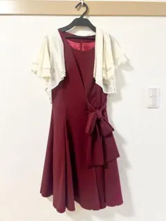 バーガンディ フレアドレス レースショール付き※結婚式お呼ばれワンピース