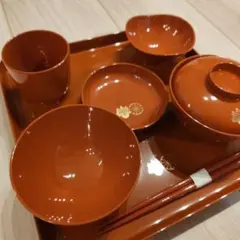 お宮参り用食器セット 茶色 金色花模様