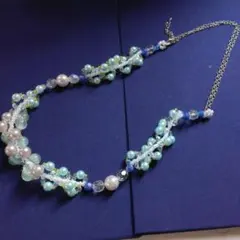 手作りビーズネックレス 青系 パール