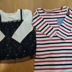 美品 90 星柄 チュール ボーダー 薄手 長袖 Tシャツワンピース ２枚セット