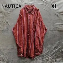 ノーティカ 赤 長袖 シャツ マルチ ストライプ 刺繍 ロゴ XL【9565】