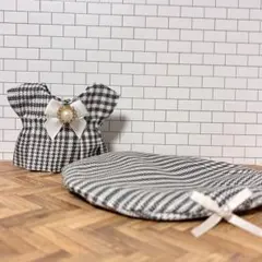 ぬい服 グレンチェックワンピ(帽子) ハンドメイド品 白5