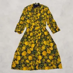 Vintage 花柄 ロングワンピース 日本製 イエロー レトロ 上品 おしゃれ