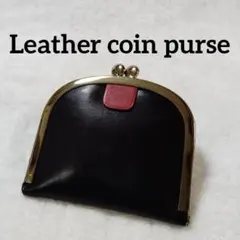 【新品】本革がま口小銭入れ レザーコインケース 二室仕様 黒×赤のサムネイル
