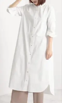 ジェラートピケ　シャツワンピース ホワイト　長袖　フリーサイズ