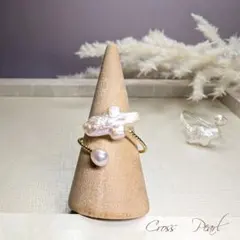 虹彩 淡水パール クロス 十字架 バロック 14KGF リング フリーサイズ