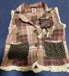 新品　コサージュ付　チェック　ベスト　130 鍵編みレース　ナチュラル　ガーリー