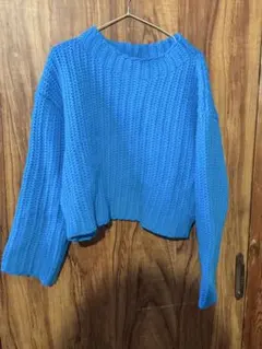 ブルー リブ編み 長袖ニット Fサイズ
