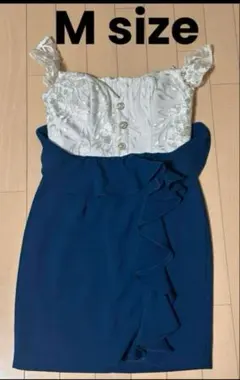 ホワイト・ネイビーぺプラムドレス　M