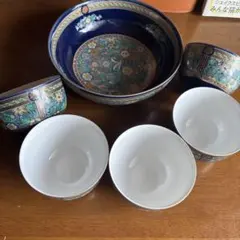 前畑陶器　庫山窯　青色花柄ボウルと茶碗セット