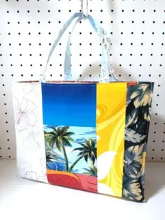 紙袋風 トートバッグ エコバッグ サブ ハワイ ヤシ ハイビスカス ハンドメイド