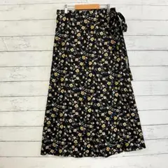 HANSHE 花柄 ラップスカート ロング丈 フレア 春夏 フェミニン 黒 M