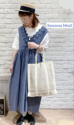 ※Samansa Mos2※綿麻スカラップノースリーブワンピース　ブルー　M