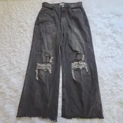 cussil　ルーズシルエットダメージワイドデニムパンツ　Ｌ　カットオフ　グレー