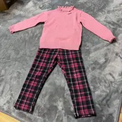 【100cm】子ども用ピンクニットとチェックパンツ(ユニクロ・裏起毛)2点セット