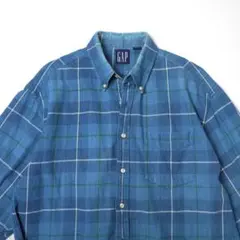 90sオールドGAPヘビー コットン チェック ツイル シャツ青ビンテージ XL