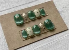 ネイルチップ　緑　グリーン　リボン　ベリーショート　マグ　推し活