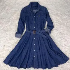 【極美品】ポロラルフローレン デニムシャツワンピース フレア ベルト ロゴ刺繍