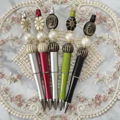 お洒落ビーズ付きオリジナルボールペンセット 5本セット替え芯プレゼント‼︎