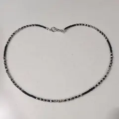 再販ハンドメイド ビーズネックレス ブラック ラウンドカットシルバー チョーカー