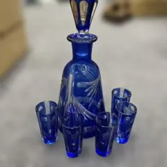 ボヘミアのコバルトブルーカットのクリスタル酒器セット