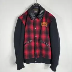 vanson スタジャン チェック柄 レザーカラー 牛革 ウール 刺繍入り L