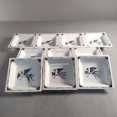 A1350-3/有田焼/源右衛門窯/赤呉須花鳥文角形銘々皿10客/向付/懐石道具