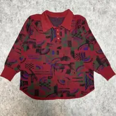 レトロ 総柄 ポロトップス マルチカラー ヴィンテージ風 ニット