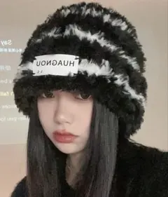 lilful ワンポイント ボーダー ファー キャップ ブラック