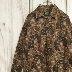 【総柄長袖シャツ】レトロ ダークカラー オーバーサイズ L 古着