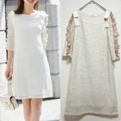 toccocloset 肩りぼん付きシフォンフラワー刺繍シアー袖レースワンピース