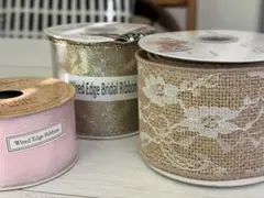 ワイヤーエッジリボン ゴールドとレース柄の２巻セット＆オーガンジー風ピンク1巻