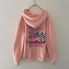 シーイン　バックプリントパーカー　個性的派手色ピンク　長袖トレーナー　フード