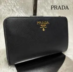 ✨美品✨ プラダ 二つ折り財布 金ロゴ L字ファスナー サフィアーノ ブラック